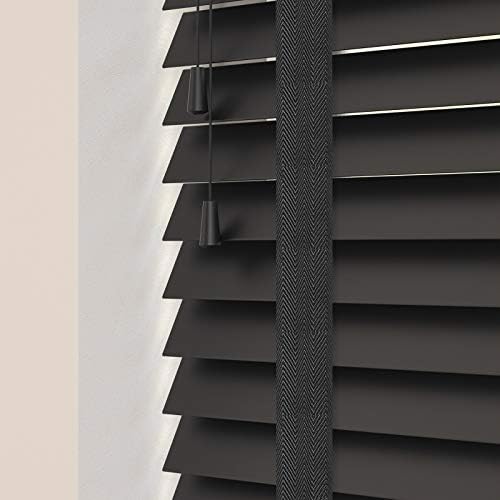 Custom Made To Measure Real Wood Wooden Venetian Blinds 50mm Slats 225cm Width x 240cm Drop Black Tape