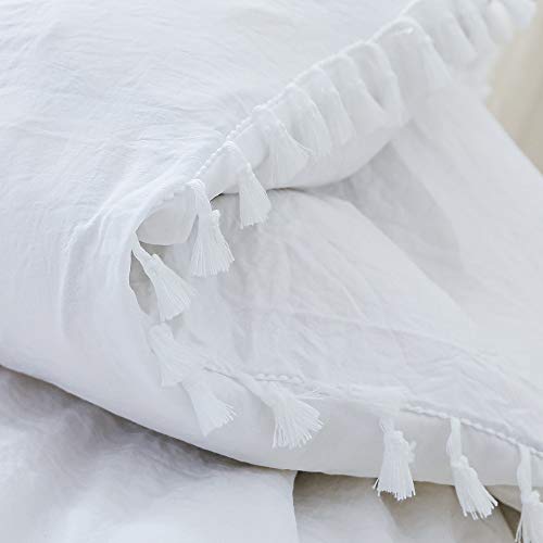 Smoofy White Duvet Cover, 3 Pieces Boho Style Microfiber Tasseled Bedding Sets with Zipper Closure(White, Queen)
