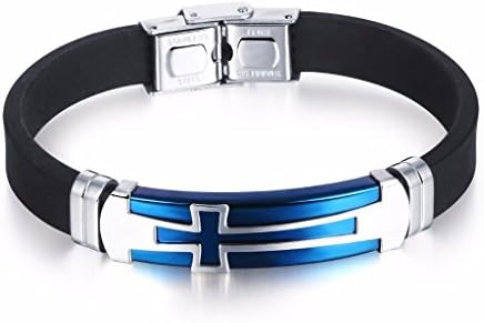 JRUI Jewelry Men's Stainless Steel Religious Black Rubber Cross Bracelet Lord's Prayer Bracelet