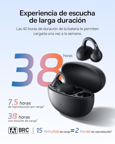 Baseus BC1 Audífonos Inalámbricos de Oído Abierto con Clip, Bluetooth 6.0, hasta 38 Horas de Batería, Sonido con Refuerzo de Bajos por IA, 4-Mic para Llamadas Claras, IP55, Ligero y Cómodo, Negro