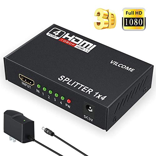 HDMI Splitter 1 in 4 Out,VILCOME 1x4 HDMI Splitter Adapter Support 4K 3D 1080P HDMI Switch Signal Distributor with Metal Box HD Amplifier with Power Adapter for HDTV PC PS3/PS4 Xbox and More