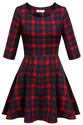 Fit and Flare Plaid Casual Summer Dress เดรส แฟชั่นชุดทำงาน Meaneor ผู้หญิง 1/2 Sleeves