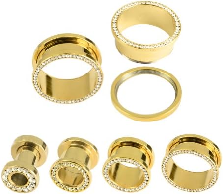 Tunnel Plug Stainless Steel Gold IP Plated Clear CZ Gem Rimmed Screw Fit Ear Flesh Plugs Earlet - PAIR - 9/16"(14MM)