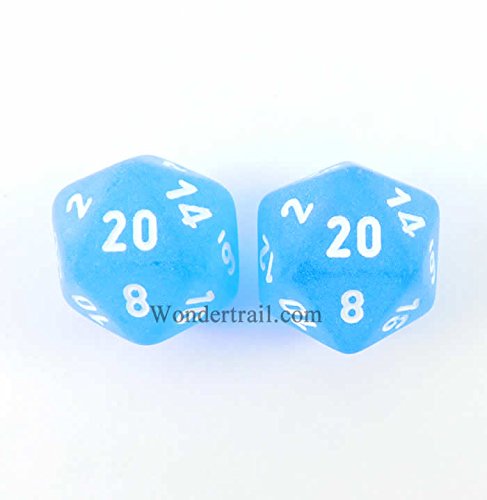 Blue Frosted D20 Dice with White Numbers Aprox 16mm 2pc Dice Wondertrail WCXPF2006E2