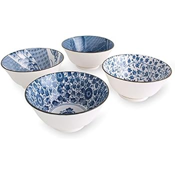 YALONG 20-Ounce Deep Bowls for Cereal Soup Salad,Assorted Blue White Patterns Set of 4,6 inches Diameter by 2.8 inches High Ceramic Serving Soup Rice Noodle Pasta Bowl Set Father's Day