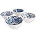 YALONG 20 Ounce Deep Soup Asian Bowls Set of 4, 6 Inch Ceramic Cereal Bowls Set of 4 Blue and White Patterns Serving Pasta Salad Rice Noodle Japanese Bowls Microwave Dishwasher Safe for Gift
