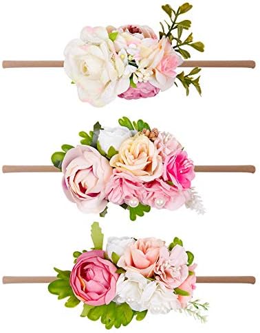 Baby Girls Hair Bows Headbands Floral Stretch Nylon Bands For Toddler Kids Hair Bands Pack Of 3