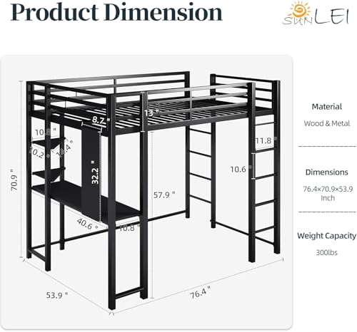 CHAGEE Hogar y Cocina Litera Matrimonial con Escritorio Incorporado | Cama Alta de Metal Sólido para Adultos y Niños | 2 Escaleras Integradas y Barandilla de Seguridad | Estructura Antiruido