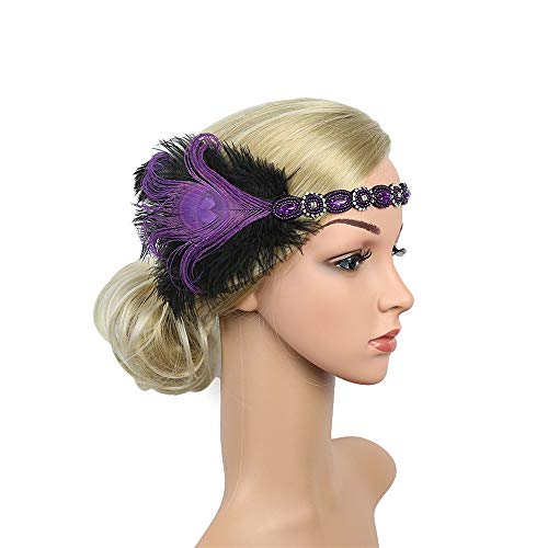 Naiflowers 1920S Vintage Luxury Headpiece Feather Flapper Headband Great Gatsby Headdress Bridal Prom Headdress (Purple-4 Pieces) - Thumbnail 2