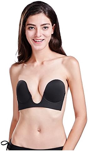 VCGEO Invisible Bras for Women Deep U-shaped Backless Adhesive Silicone Bra(C-Black)