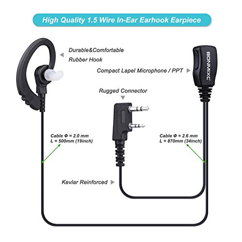 BONMIXC Walkie Talkie Headset G Shape in-Ear 3.5mm/2.5mm 2-Pin Walkie Talkie Earpiece with PTT Mic Compatible with Kenwood ProTalk FreeTalk and Baofeng Two-Way Radios (2 Pack)