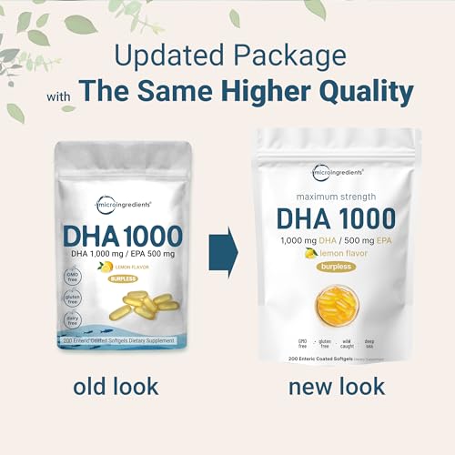 Micro Ingredients - Omega 3 DHA 1000mg con EPA 500mg, 200 Cápsulas Blandas, Sabor Limón