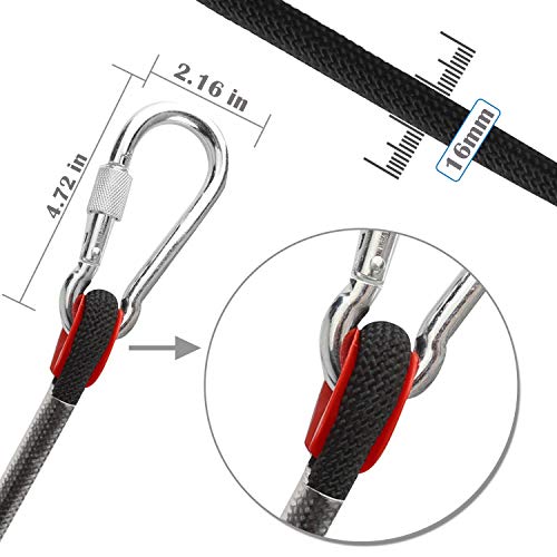 GINEE Outdoor 16mm Static Black Rock Climbing Rope 50FT with Carabiner,Arborist Tree Climbing Gear with Safety Ropes,Magnet Fishing Rope,Rescue Grappling Lifeline Escape Descender Abseiling Rope