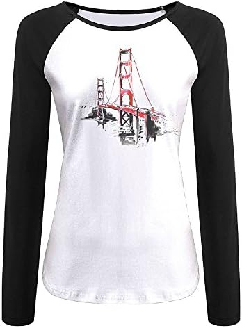 San Francisco Golden Gate Bridge Women's Color Block Long Sleeve T-Shirts Crew-Neck Casual Slim Tops Athletic Fitted Tee