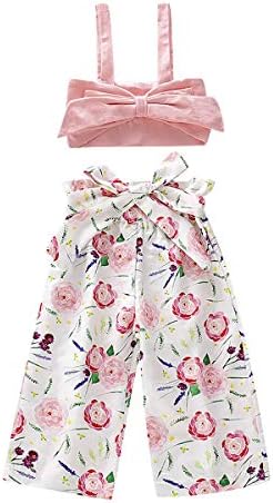 Toddler Baby Girls 2Pcs Set,Kids Ruffle Vest Crop Tops+Floral Wide Leg Pants Summer Outfits