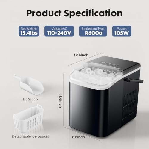 Sweetcrispy Quiet Countertop Ice Maker, 26 lbs per Day, 9 Bullet Ice Cubes in 6 Mins, Portable Ice Machine with Handle, Self-Cleaning, Compact for Home RV Camping Party, Dark Black