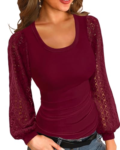 41mqZI8q3OL Basicspace Damen Grundmodelle Lässig Solide Farbe Spitze Langarm-Shirt Eng Sexy Elegant T Shirt Dehnbar Herbst Und Winter Rot Tops(Xxl,Rot)