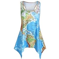 Orfilaly Women Hawaiian Vest Ladies Funky World Map Printed Casual Sleeveless Tank Top Summer Beach Blouse T-Shirt for Daily Blue