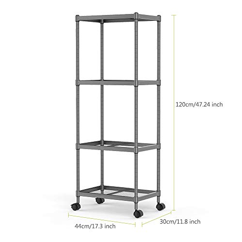 Cozzine 4-Tier Storage Shelves, Adjustable Storage Unit Heavy Duty Steel Tube Wire Mesh Shelving Unit with Wheels for Home/Office/Garage/Pantry Organizer (17.3''x11.8''x47.24'')