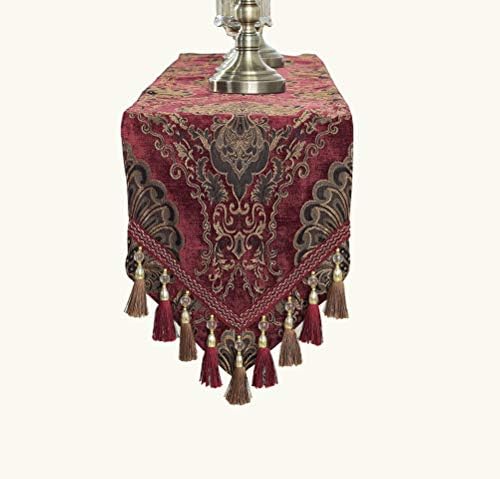 Yoovi Modern Elegant Jacquard Fabric Floral Table Runner and Dresser Scarf with Multi Tassels Living Room Bedroom Home Decoration (Maroon, 13''W x 82''L)