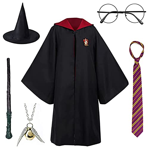 Wizard Robe Costume Cosplay Set,Hogwarts Wizarding World Costume Robes for Kids & Adults,Dress Up Accessory Include with Striped Tie, Glasses Frame, Wizard Hat, Magic Wand，Pendant…