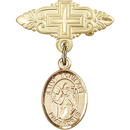Gold Filled Baby Badge with St. Boniface Charm and Badge Pin with Cross 1 X 3/4 inches