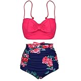 PZZ Women's Push Up Cute Bowknot Bikini High Waist Retro Flower Printing Bottom Two Pieces Swimwear Bathing Suits
