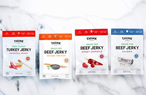 Think Jerky - Variety Pack, 100% Grass-Fed Beef Jerky and Free-Range Turkey Jerky, Low Calorie, Low Carb Snacks, Gluten-Free, Healthy, 2.20 Ounce (4 Count)