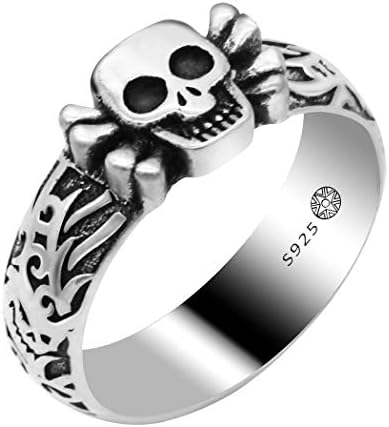 925 Sterling Silver Skull Rings for Men Women, Unisex CrossBones Vintage Engagement Ring Wedding Bands, Skin-friendly & Non-Allergic and Comfortable ,Gothic Punk Biker Cool Ring Band Size 8,9,10,11,12