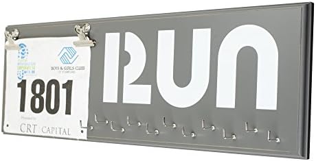 Running Medal Display Rack and Bib Holder, Beautiful Handcrafted Wood Sign, Wall Mounted, 22" x 7", 11 Hooks, Holds Up to 30+ Medals, RUN, Gray