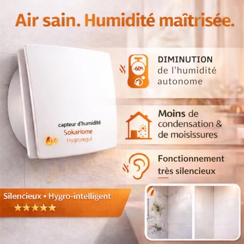 Soka home 100mm Adjustable Bathroom Air Extractor – Silent Automatic Humidity Sensor – 95 m³/h, Timer, CMV – Anti-Mould