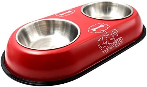 HENREK Stainless Steel Dog Bowl Double Feeder Bowl Food Water Bowl for Puppy Dog Cat (M, Red)