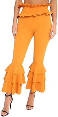 Ladies High Rise Frills Solid Ruffle Boot Cut Bell Bottoms Flared Trousers Yellow L