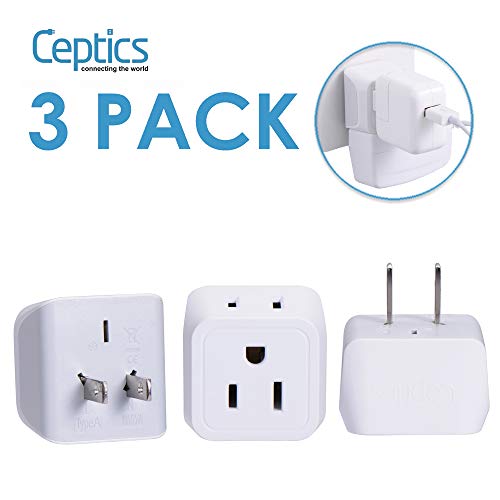 Japan, Philippines Travel Adapter Plug bu Ceptics - USA 3 Pin Polarized to 2 Prong Unpolarized - Type A (3 Pack) - Dual Inputs - Ultra Compact - Perfect for Cell Phones, Tablet, Camera Chargers (CT-6)