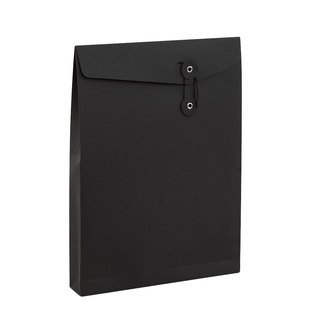 10Pcs A4 Paper Document Bags Black File Wallet Folders Pockets Paperwork Organiser with String Closure Envelope Letter Storage Pouch Foolscap Bag for Office School Home
