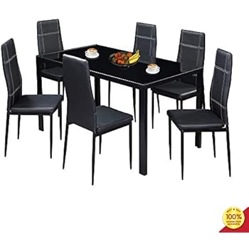MOOSENG, 7 PCs Dining Furniture Set, with Glass Table Top and 6 Leather Chairs, Perfect for Kitchen, Breakfast Nook, Living Room Occasions, Deep-Black