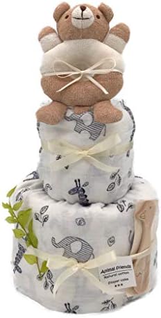 動物のおむつケーキ オーガニックコットン ダブルガーゼ スワドル おしゃれ シンプル 出産祝い おむつmサイズ 女の子 チープ パンパース18枚 プレミアムセット 男の子