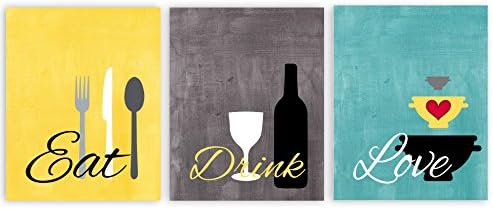 Eat Drink Love Kitchen Wall Art in Yellow Gray and Aqua Turquoise Set of 3 8x10 Prints ((unframed))