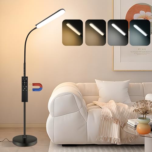 LED Stehlampe, 18W 1800LM Superhelle Stehleuchte mit Schwanenhals, 175cm Hoch, Stufenlos Dimmbar & Lichtfarbe Einstellbar (2700K-6500K), Magnetische Fernbedienung, Schwarz