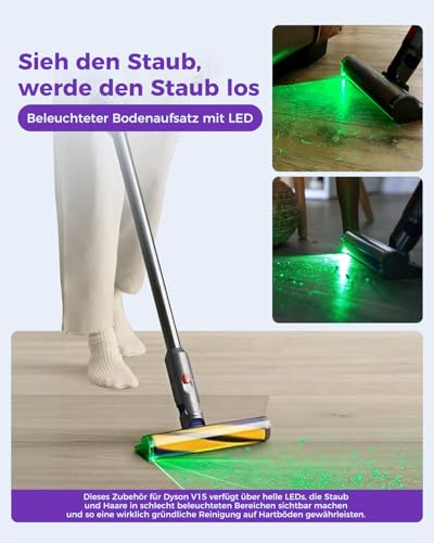 V15 Fluffy Optic Cleaning Head for Dyson V15 V11 V10 V8 V7, Dust Detection with Green Light, Soft Roller Attachment for Hard and Wood Floors | LED makes dust visible, cleans dark areas, flexible neck for furniture, soft shock protection, lightweight design