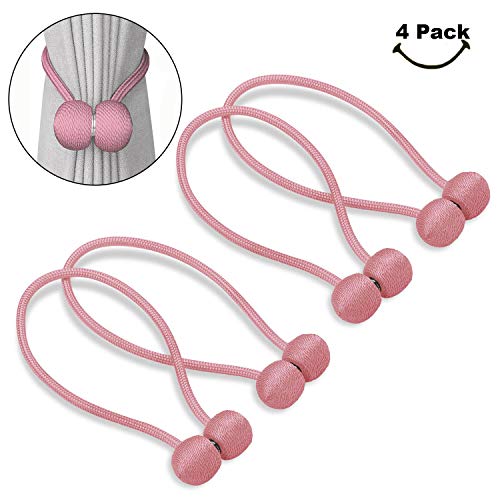 SmallDot Magnetic Curtain Tiebacks, [Pack of 4] Drapery Hooks Holdbacks Holders with Strong Magnet for Window Sheer Blackout Panels, 16 Inch, Pink