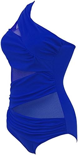 dhgfghkfydd Women One Piece One Shoulder Vintage Network Mesh Ruched Monokini Swimwear BlueX-Large