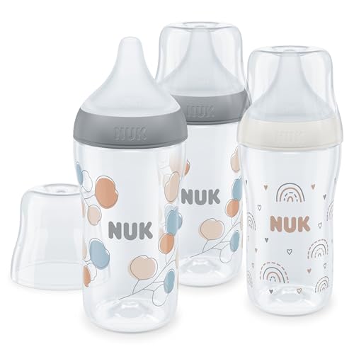 NUK First Choice+ Baby Bottles Set | 0-6 Months | Temperature Control | Anti Colic Vent | 300 ml | BPA-Free | Silicone Teat | 3 Count | Pink Giraffe