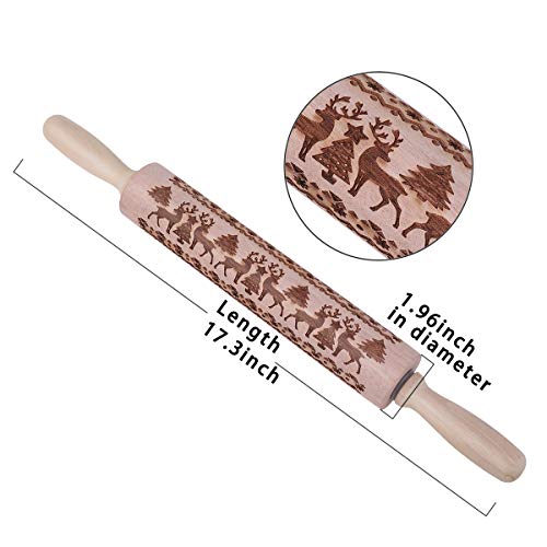 17" Christmas Wooden Rolling Pins, Embossing Thin Crust Rolling Pin with Christmas Tree Deer Pattern for Baking Kitchen Tool (snowflake)