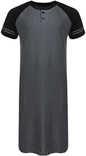 Men Sleep Shirts Henley Neck Short/Long Sleeve Nightwear Patchwork Long Nightshirt