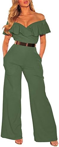 CoCo fashion Women's Off Shoulder Ruffle Romper Sexy Bodycon Wide Leg Jumpsuit Long Pants (Green, X-Large)