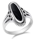 Women's Long Simulated Black Onyx Unique Ring New .925 Sterling Silver Band Size 12 (RNG14191-12)