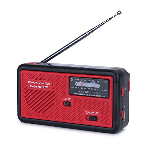 Portable Emergency Solar Weather Radio Hand Crank Self Powered Earthquake AM/FM/NOAA Radios, LED Flashlight, SOS Alarm, Reading Lamp and 1000mAh Power Bank for Emergency Indoor Outdoor (Red & Black)