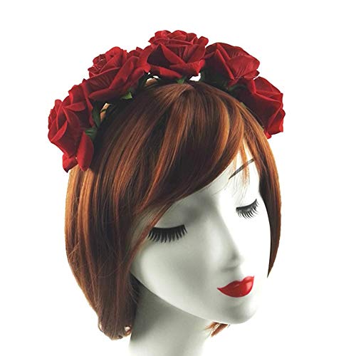 Rose Headband Flower Wreath Crown Hair Bands Big Floral Garland Christmas Hair Hoop Women Girl Hairband Party Decoration Headdress Cosplay Costume Headwear Handmade Headpiece Hair Accessories Burgundy - Thumbnail 3