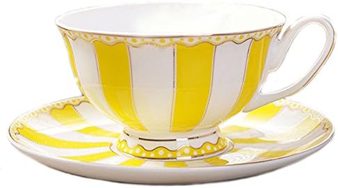 Ceramics Stripe Retro Coffee Mug Tea Cup with Saucer yellow